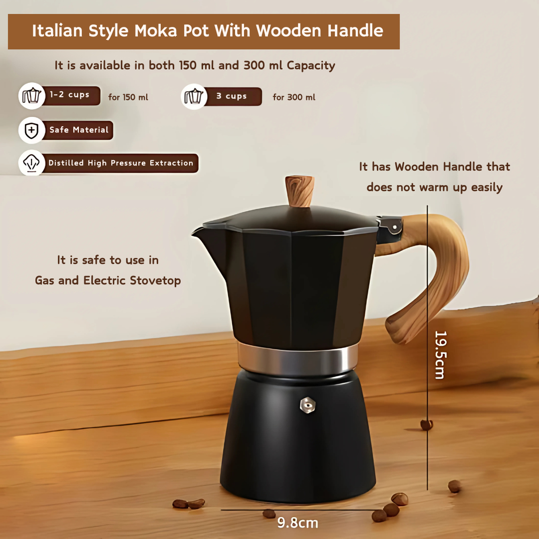 Detailed Black Moka Pot - Showing the size, capacity and other uses for the pot