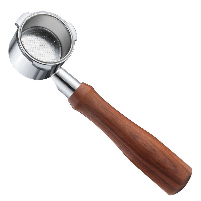 Coffee portafilter with wooden handle on a white background