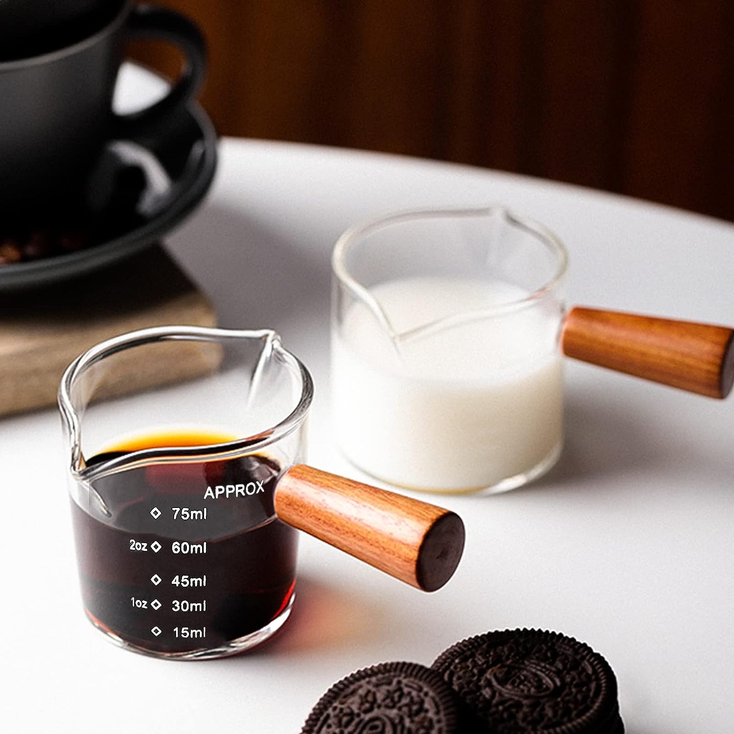 Double Spout Espresso Coffee Shot Glass Mug - Wood Handle Measuring Cup