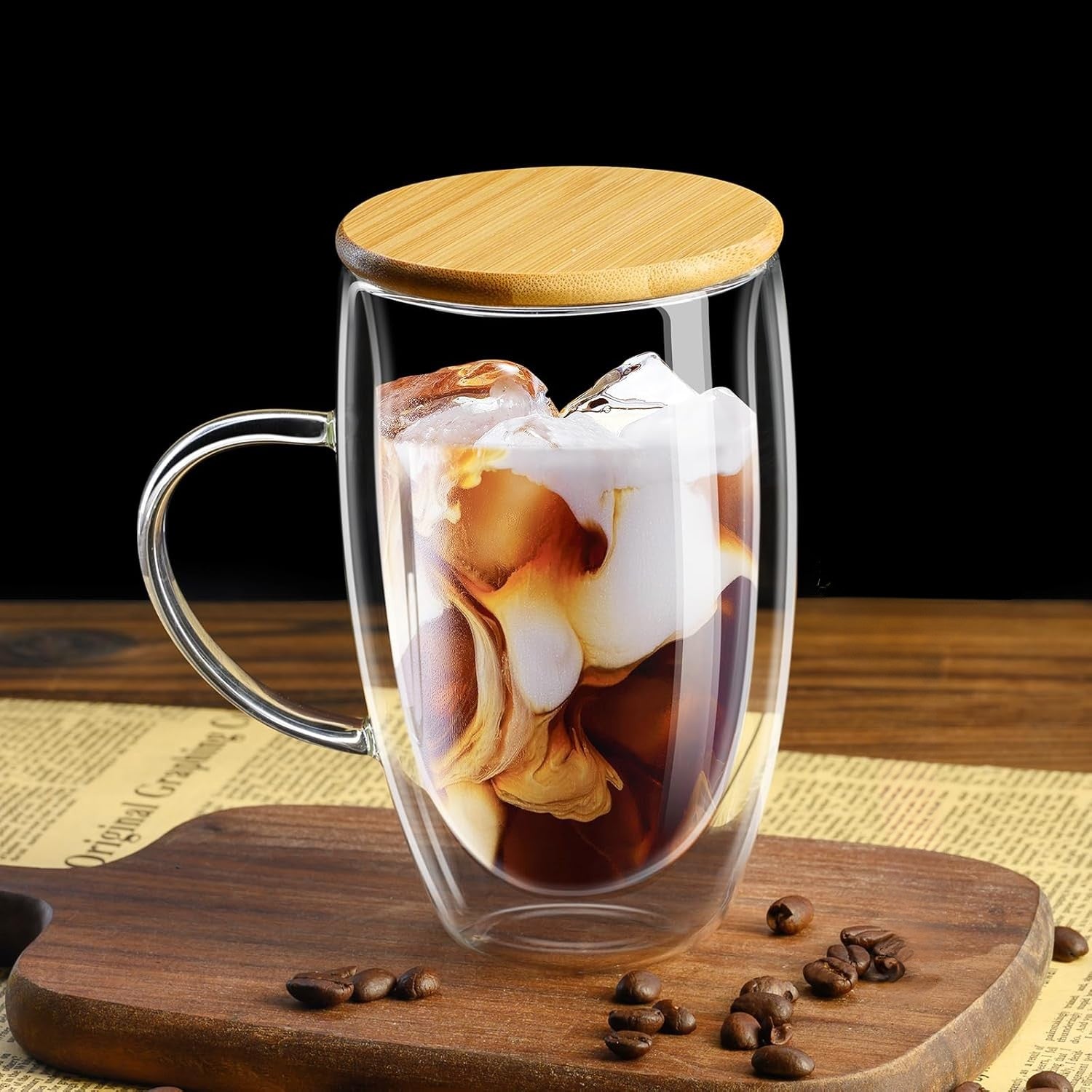 Double Wall Insulated Glass Coffee Mug With Bamboo Lid - Borosilicate Glass Mug