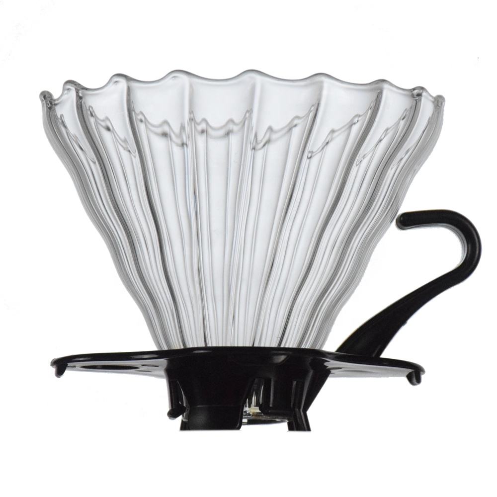 Clear plastic coffee filter with black base on a white background