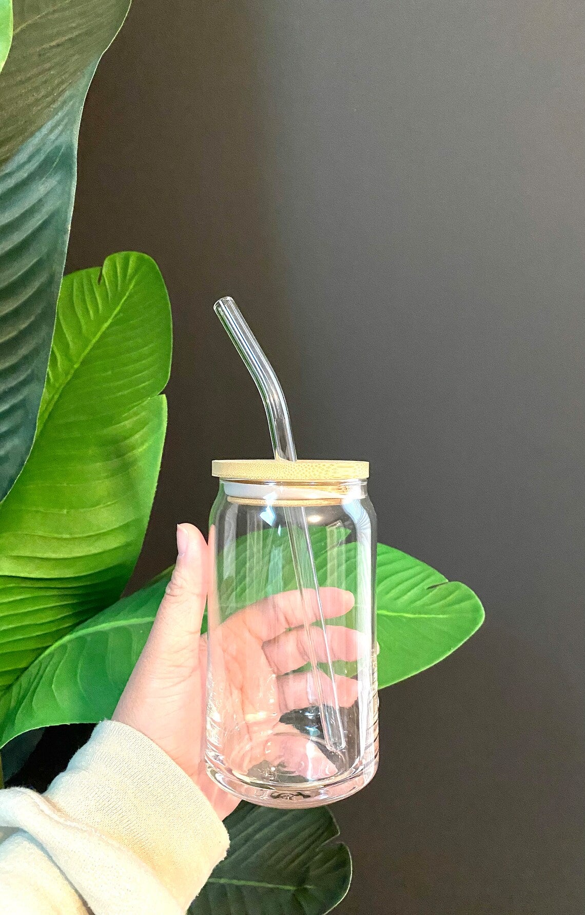 Iced Coffee Glass with straw and lid - glass coffee mug with bamboo lid