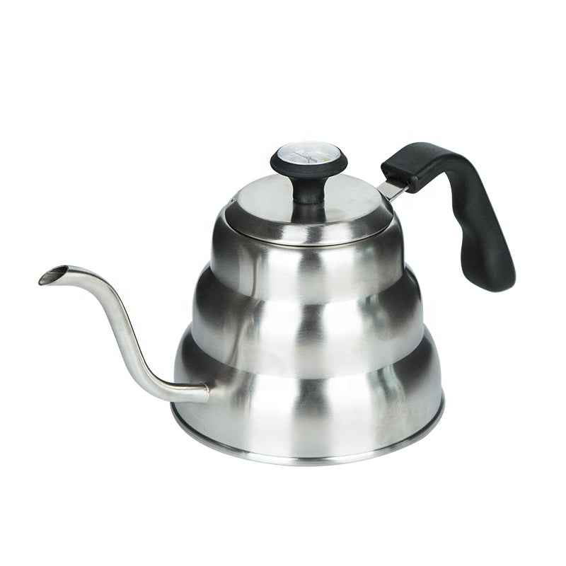 Stainless steel gooseneck kettle on a white background
