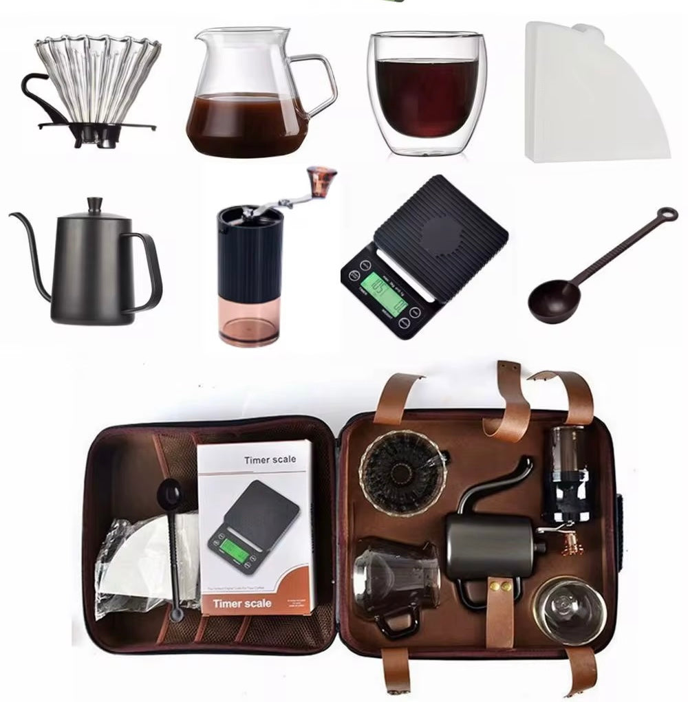 Pour Over Coffee Set | 8-Piece Outdoor Travel Coffee Kit with Suitcase & Gift Box