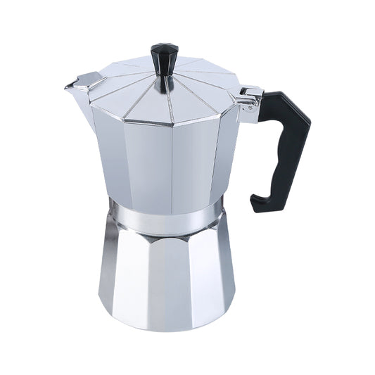 Stainless steel espresso maker with black handle on a white background
