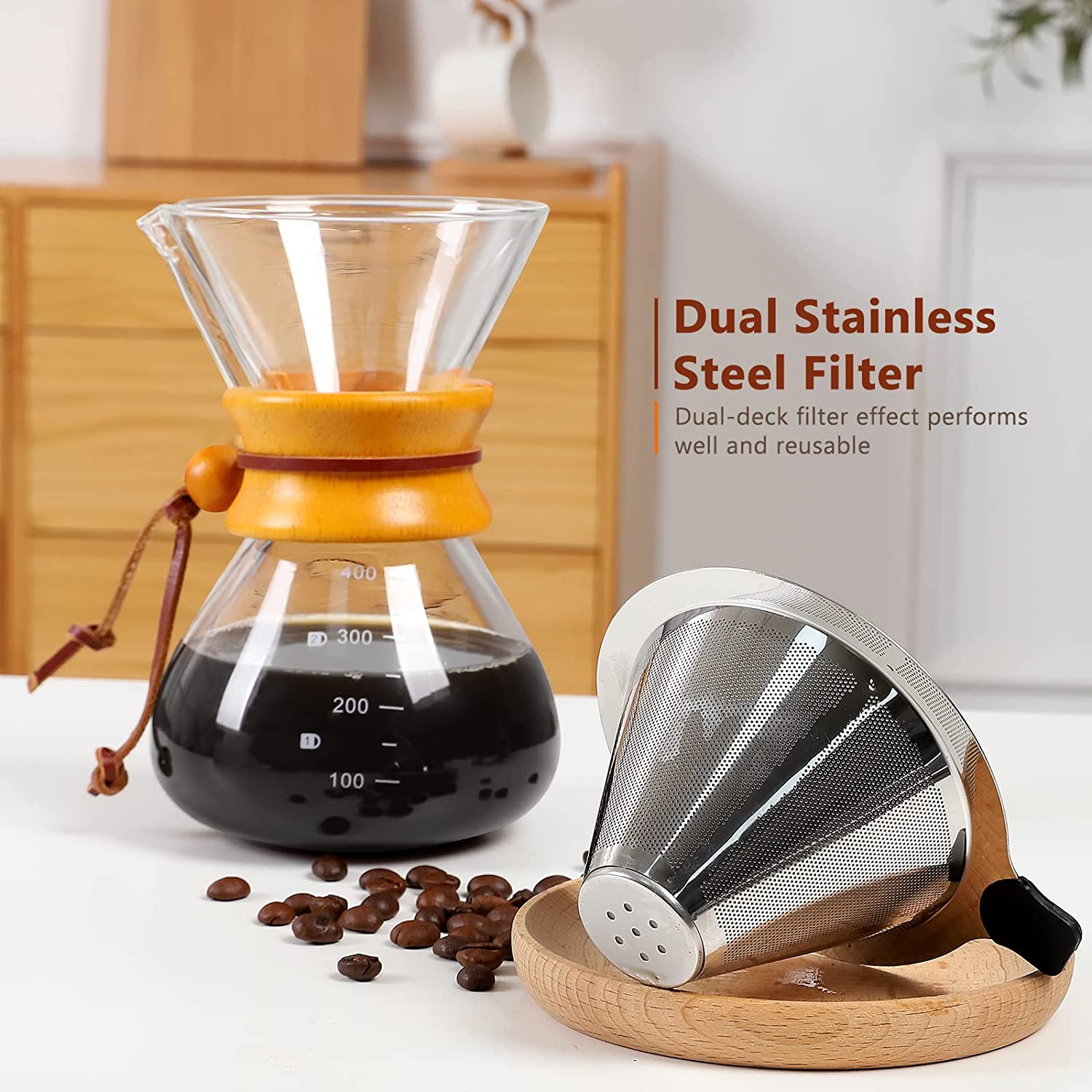 Glass Pour Over Coffee Brewer - Wooden Grip Pour Over Coffee Brewer
