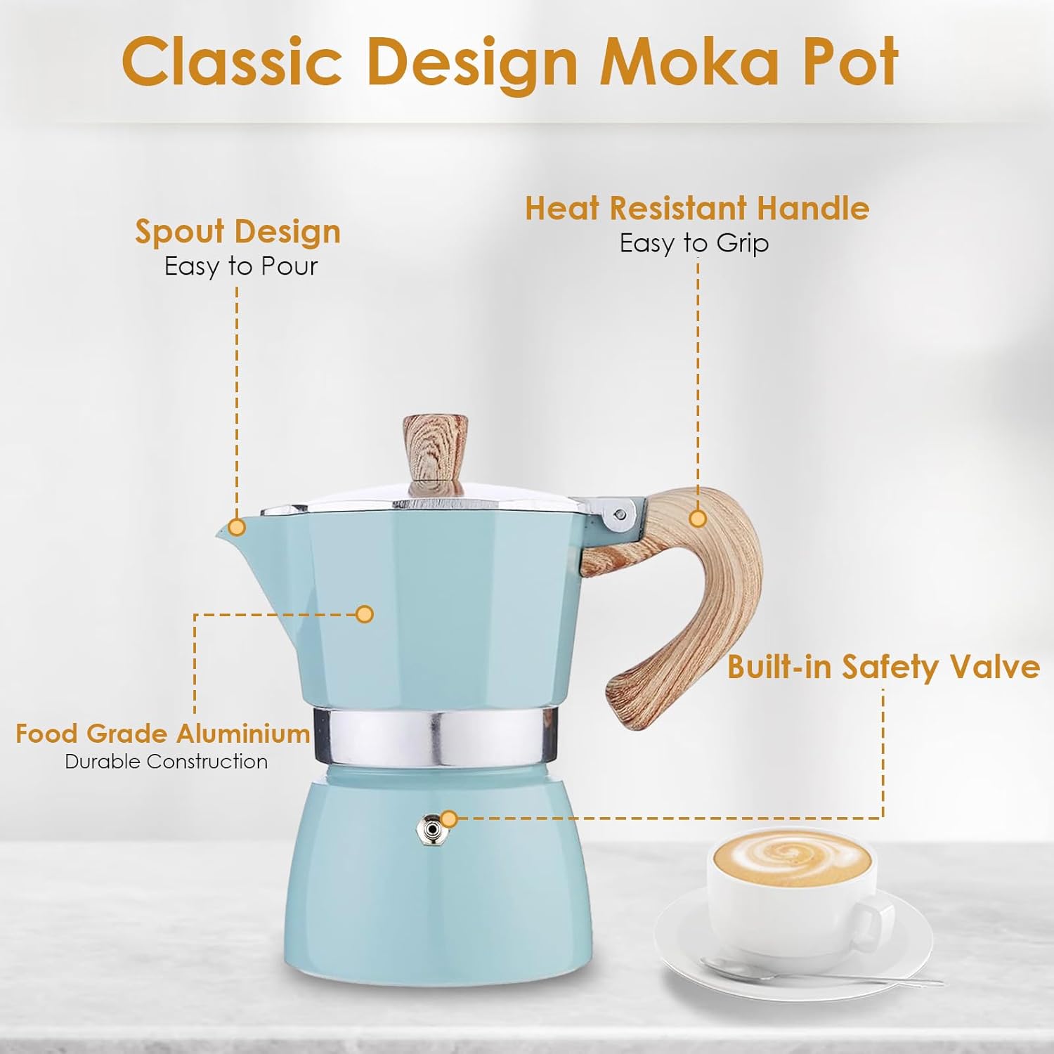 Features of Sky Blue Aluminium Moka Pot - Classic Design Moka Coffee Pot with Wooden Lid and Handle