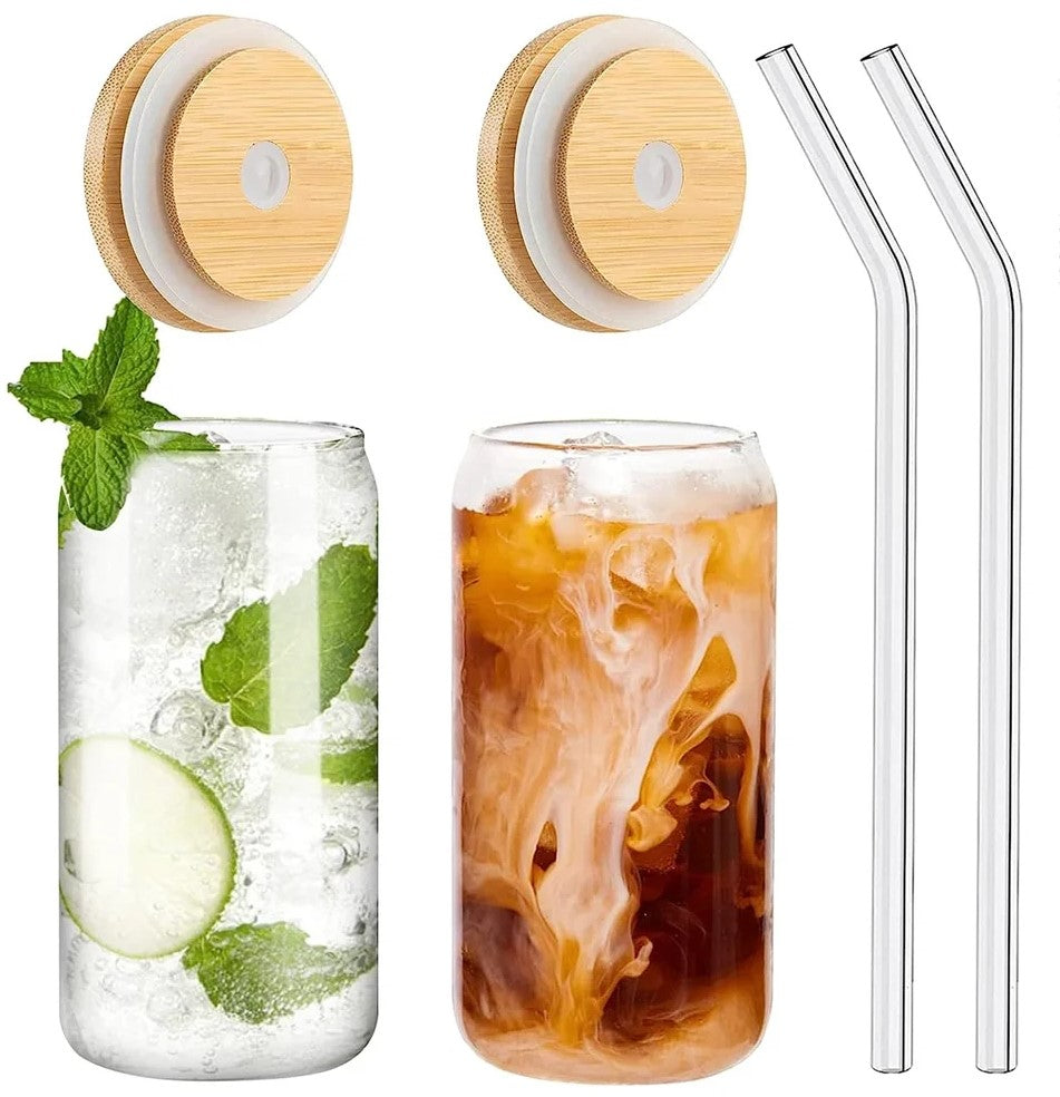 Glass Tumblers with Bamboo Lids and Glass Straw - Soda Drinking Cups, Iced Coffee Cups - Cups for Bubble Pearl Milk Coffee, Fruit Juice
