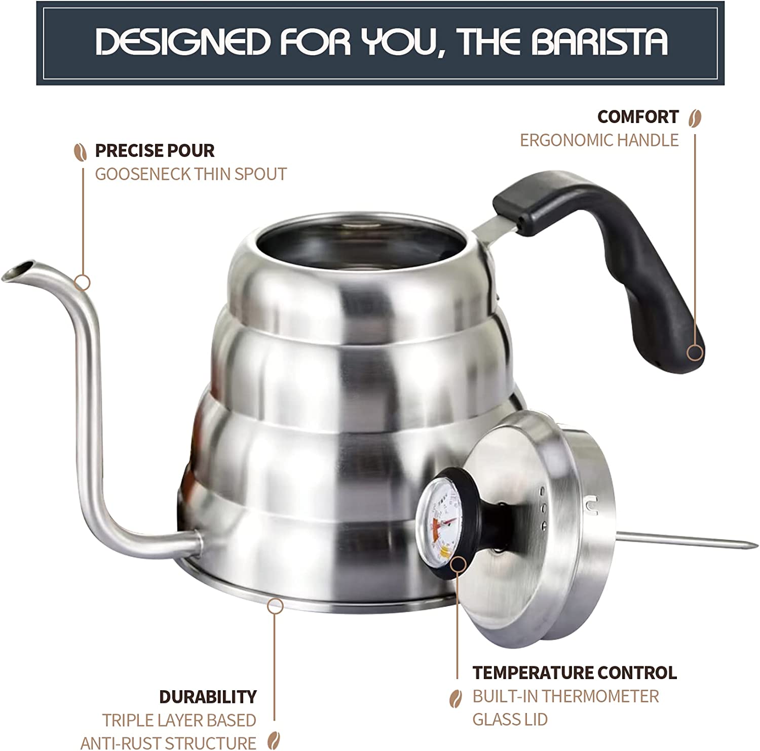 Comfort Handling Kettle With Thermometer - Precise Temperature Controller and Measurement