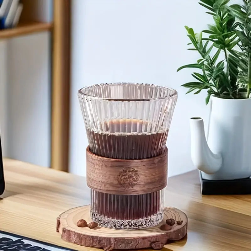 Striped Shape Cup with Wooden Anti-Skid Ring - Anti-Lead Glassware