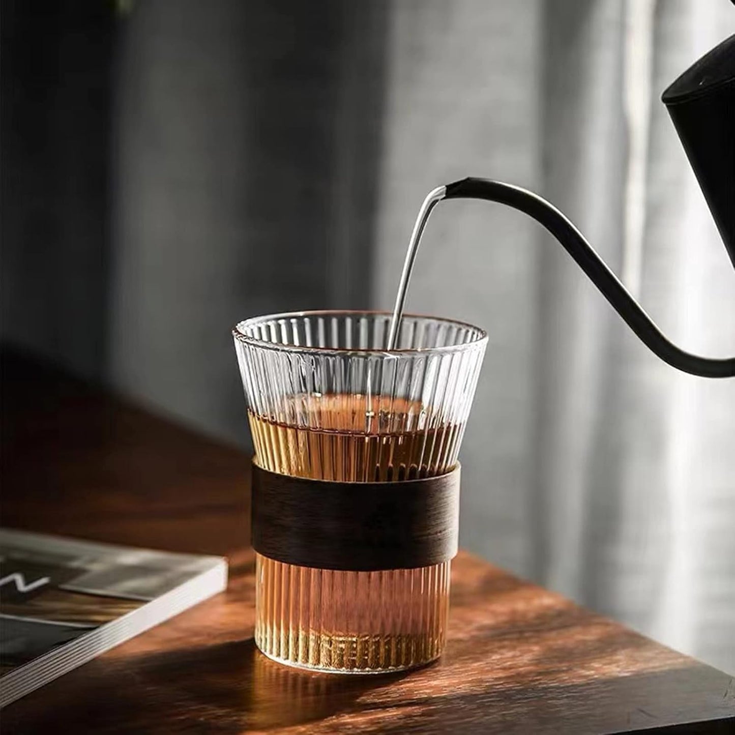 Borosilicate Glass Coffee Mug - Non-slippery Wooden Ring Mug