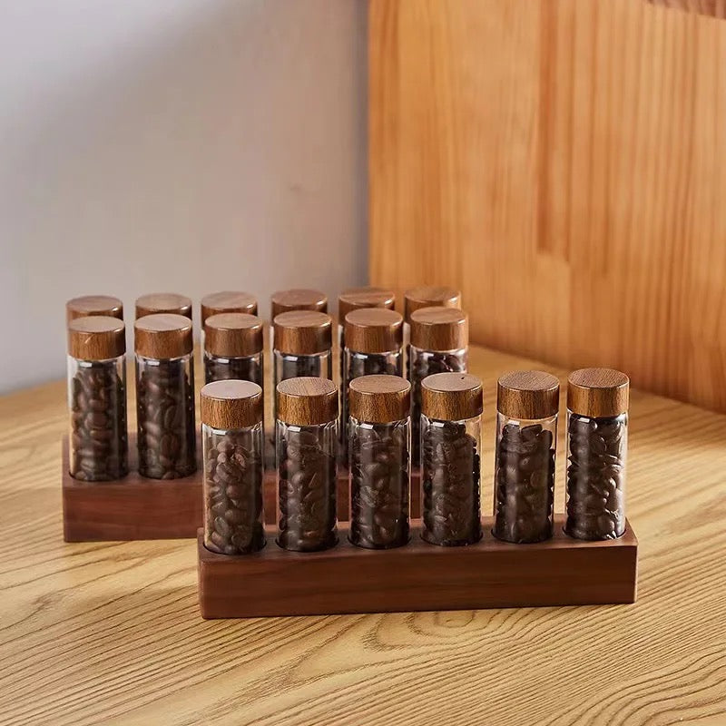 Single Dose Coffee Bean Storage Tubes - 6 Pcs Glass Cellar with Wooden Display Stand