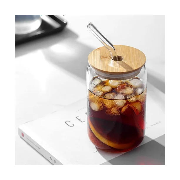 Trendy Transparent Glass Juice Coffee Milk Tea Soda Water Mug with Bamboo Lid - BPA Free High Quality Glass