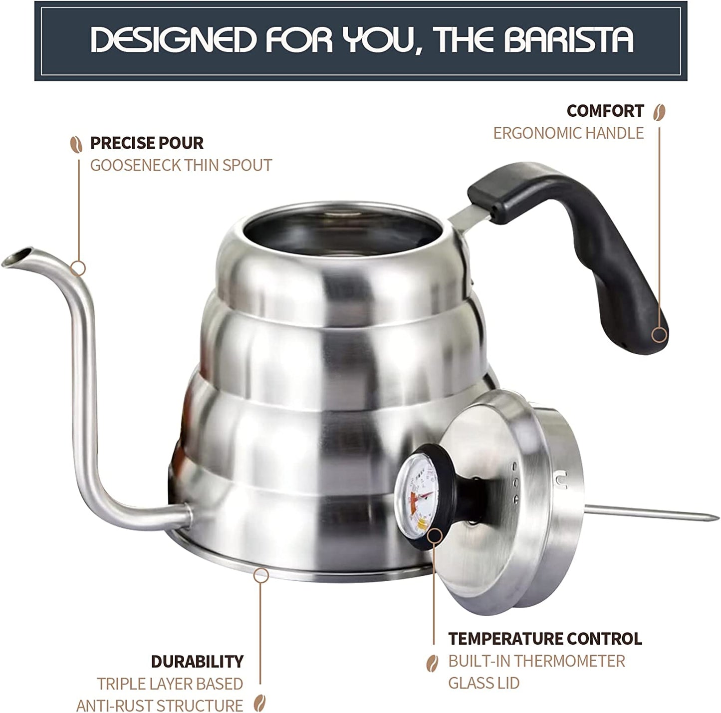 Stainless Steel Pour Over Coffee Kettle With Thermometer