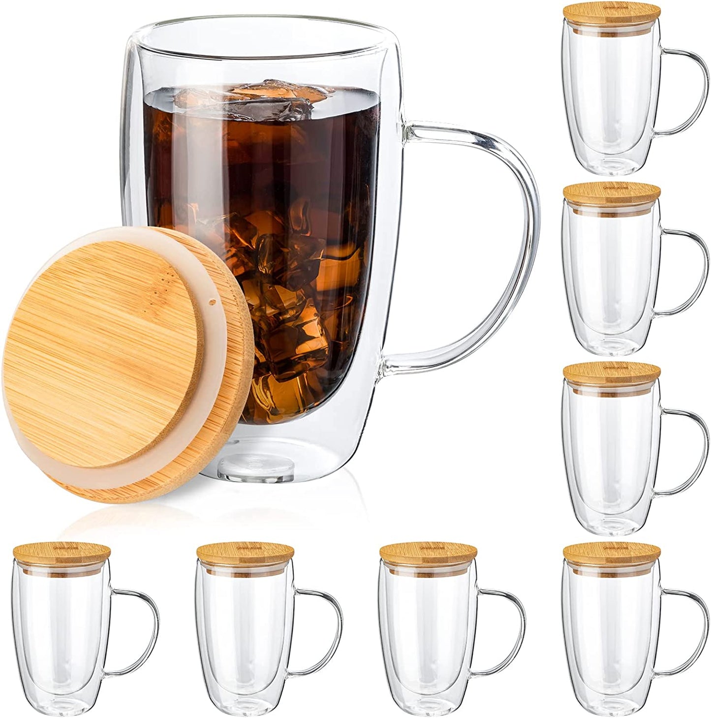 Double Wall Borosilicate Glass Coffee Mug with Handle & Bamboo Lid - 340 ml